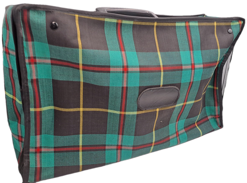 A Small Vintage Collapsible Travel Suitcase - Green Scottish Printed Fabric