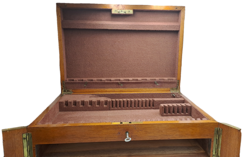 Large Antique /Vintage Empty Wood 3 Layer (2 draws) Canteen for Cutlery with Key -Hold 130+ pc
