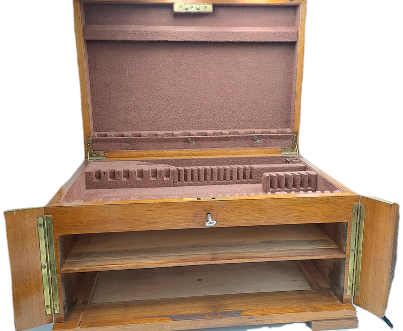 Large Antique /Vintage Empty Wood 3 Layer (2 draws) Canteen for Cutlery with Key -Hold 130+ pc