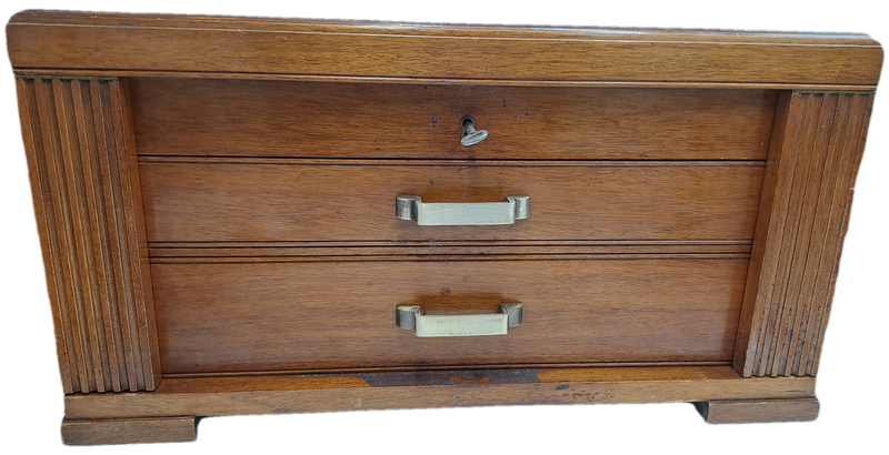 Large Antique /Vintage Empty Wood 3 Layer (2 draws) Canteen for Cutlery with Key -Hold 130+ pc