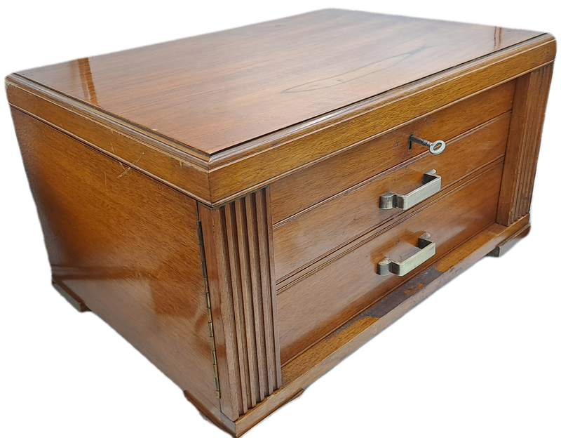 Large Antique /Vintage Empty Wood 3 Layer (2 draws) Canteen for Cutlery with Key -Hold 130+ pc
