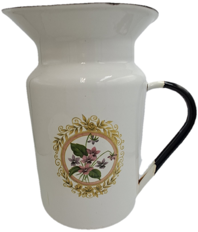 Large Vintage White enamel jug and matching Chamber Pot with flowers