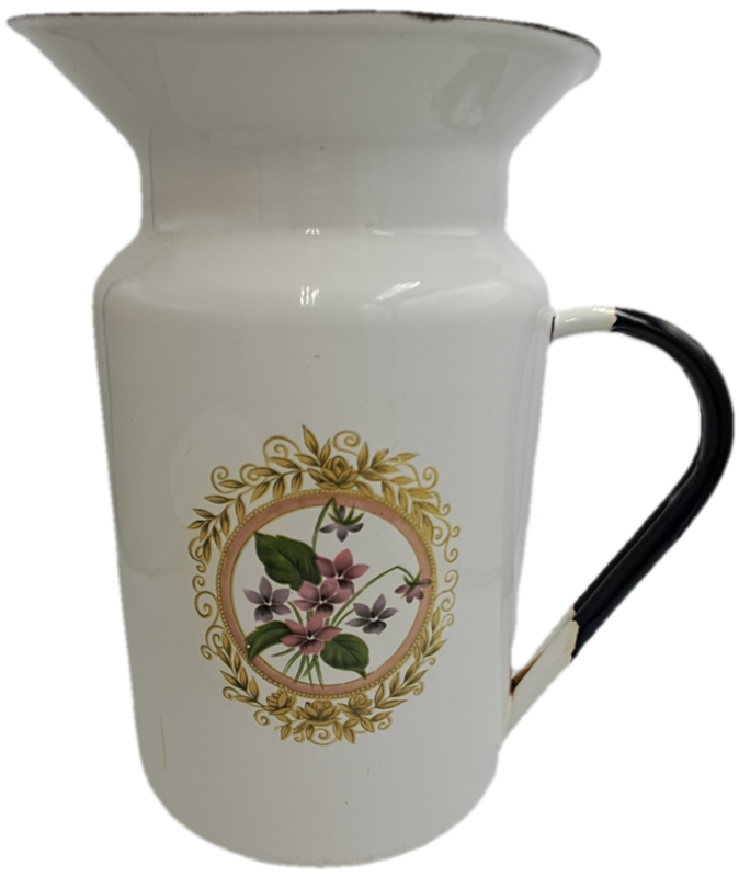 Large Vintage White enamel jug and matching Chamber Pot with flowers