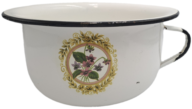 Large Vintage White enamel jug and matching Chamber Pot with flowers