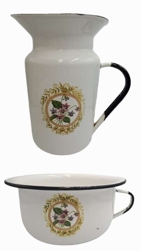 Large Vintage White enamel jug and matching Chamber Pot with flowers