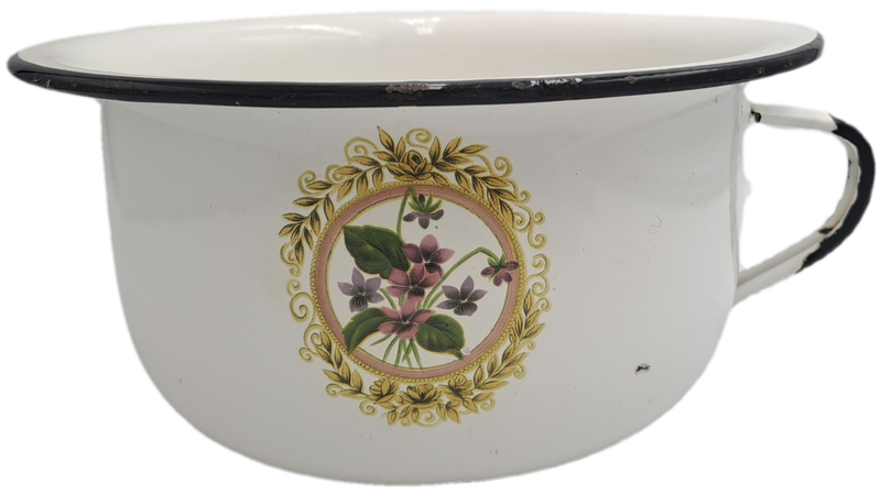 Large Vintage White enamel jug and matching Chamber Pot with flowers
