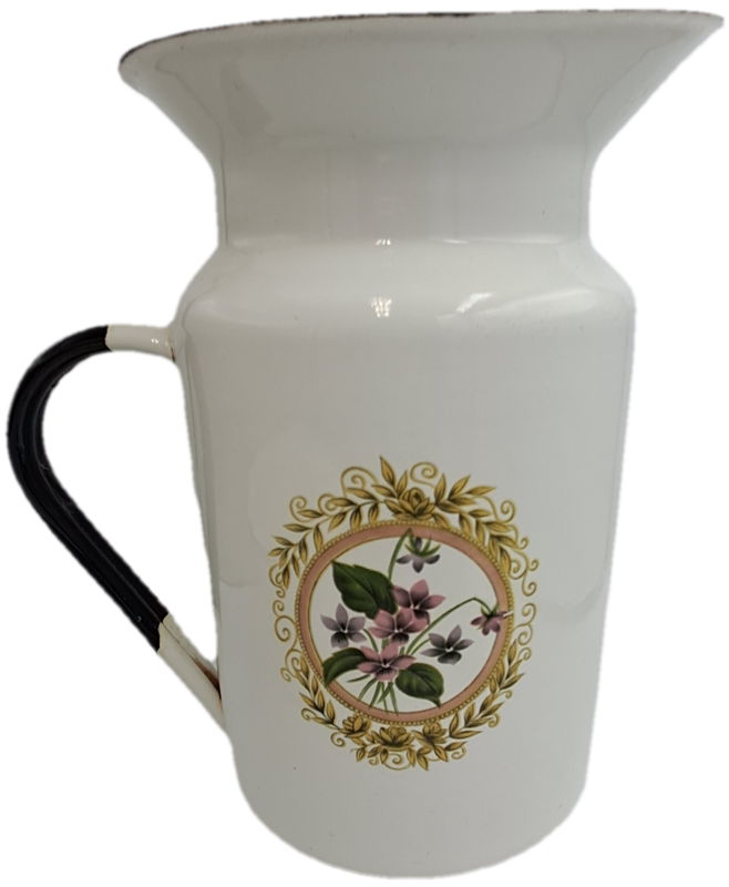Large Vintage White enamel jug and matching Chamber Pot with flowers