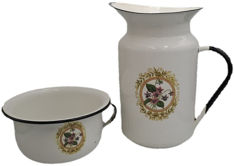 Large Vintage White enamel jug and matching Chamber Pot with flowers