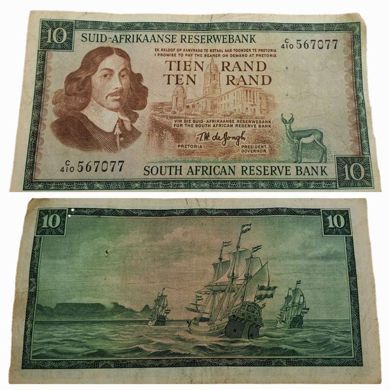 1975-1976 R10 Note -T.W. de Jongh, Watermark van Riebeeck-Afrikaans-English -C410 567077-Circulated