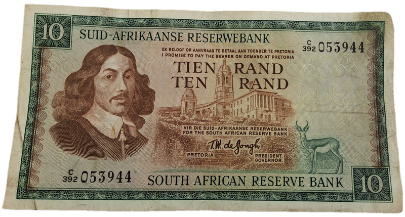1975-1976 Ten Rand Note -T.W. de Jongh, Watermark van Riebeeck-Afrikaans-English -C/392 053944