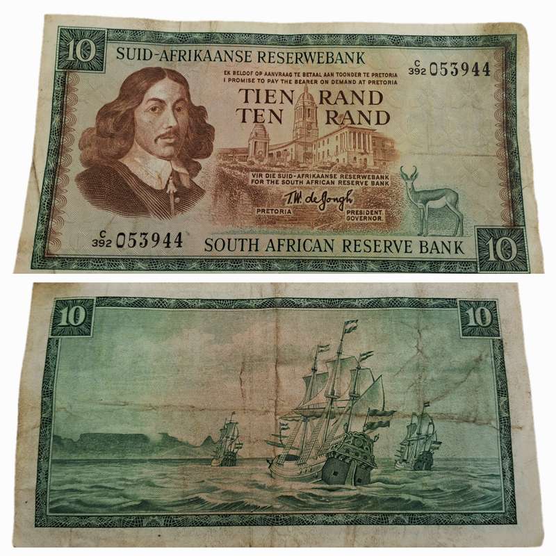1975-1976 Ten Rand Note -T.W. de Jongh, Watermark van Riebeeck-Afrikaans-English -C/392 053944