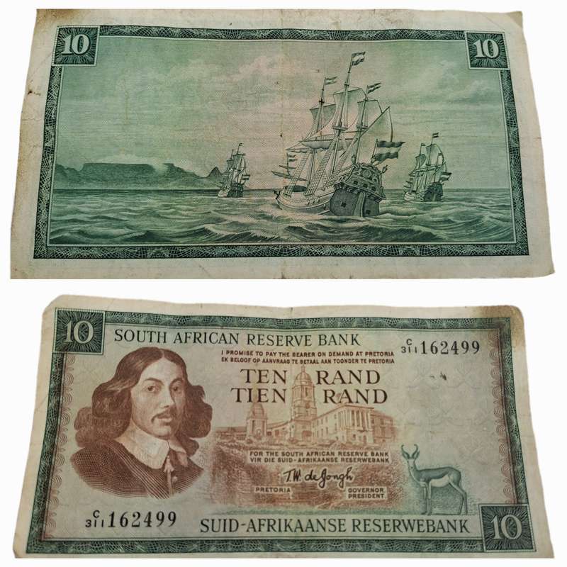 1975-1976 Ten Rand Note -T.W. de Jongh, Watermark van Riebeeck-English-Afrikaans -C/311 162499