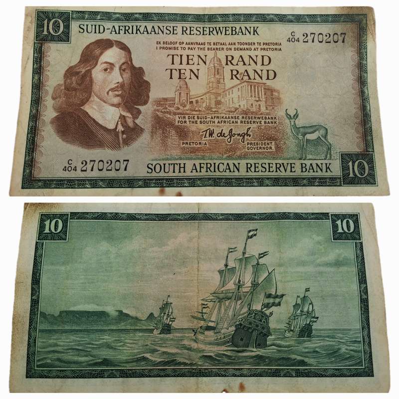 1975-1976 Ten Rand Note -T.W. de Jongh, Watermark van Riebeeck-Afrikaans-English -C/404 270207