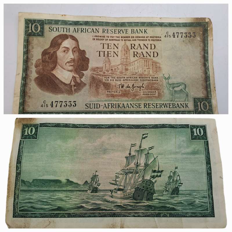 1975-1976 Ten Rand Note -T.W. de Jongh, Watermark van Riebeeck-English-Afrikaans -C/415 477333