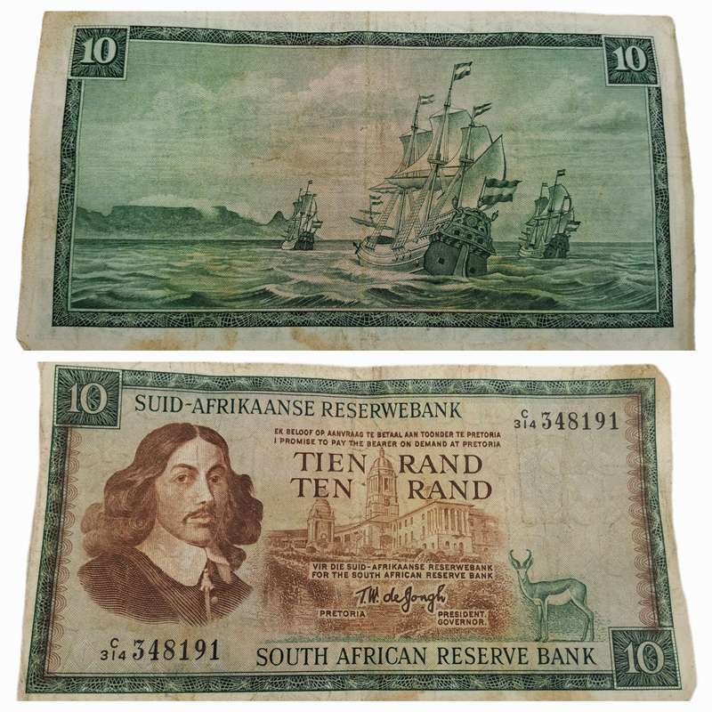 1975-1976 Ten Rand Note -T.W. de Jongh, Watermark van Riebeeck-Afrikaans-English -C/314 348191