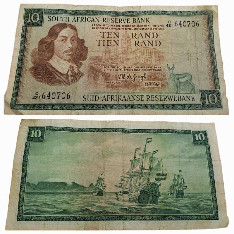 1975-1976 Ten Rand Note -T.W. de Jongh, Watermark van Riebeeck-English-Afrikaans -C/421 640706