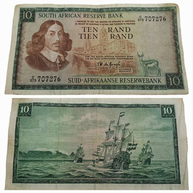 1975-1976 Ten Rand Note -T.W. de Jongh, Watermark van Riebeeck-English-Afrikaans -C/373 707276
