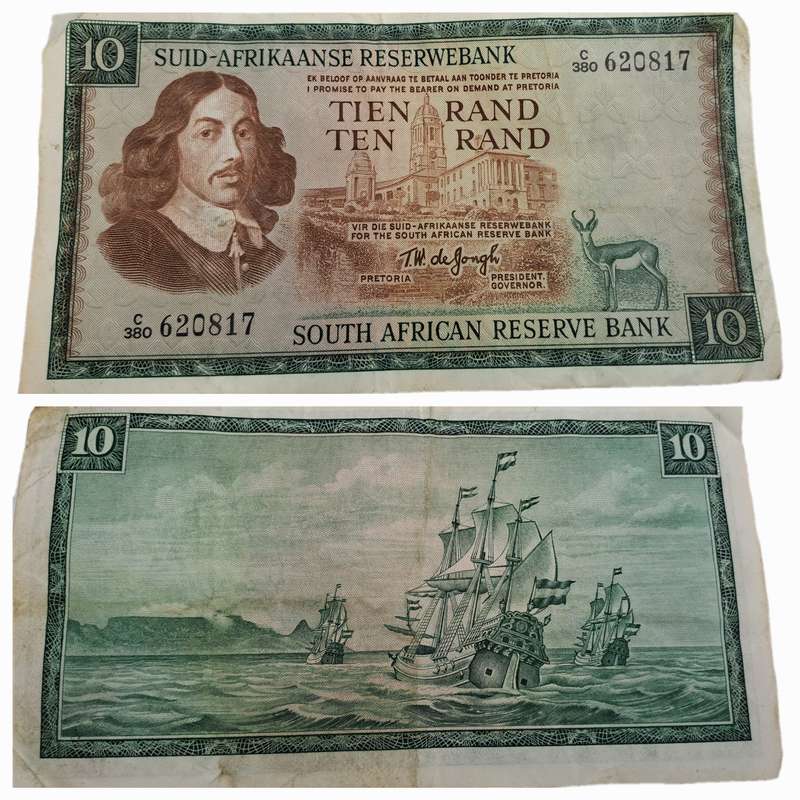 1975-1976 Ten Rand Note -T.W. de Jongh, Watermark van Riebeeck-Afrikaans-English -C/380 620817