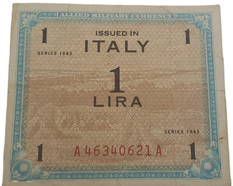 1943 Series  Italy 1 Lira Allied Military Currency Bank Note -Circulated