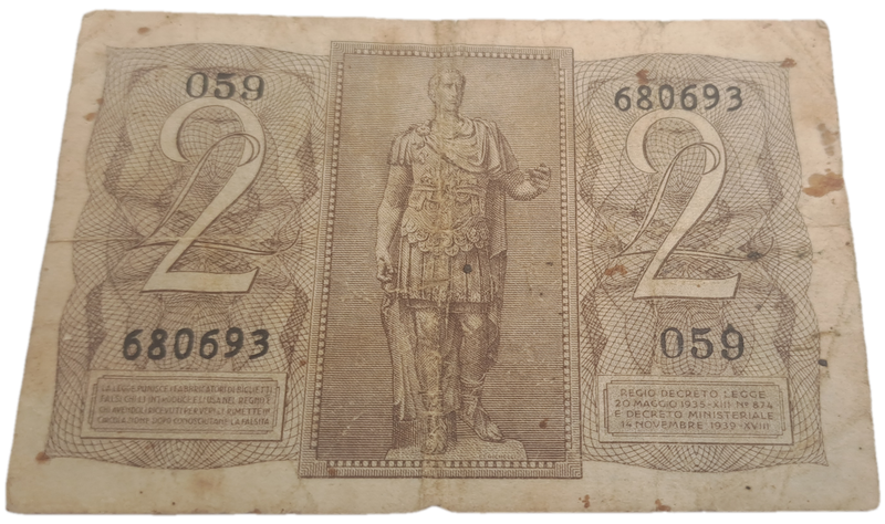 1939 Italy  2 Lire Bank Note -Circulated