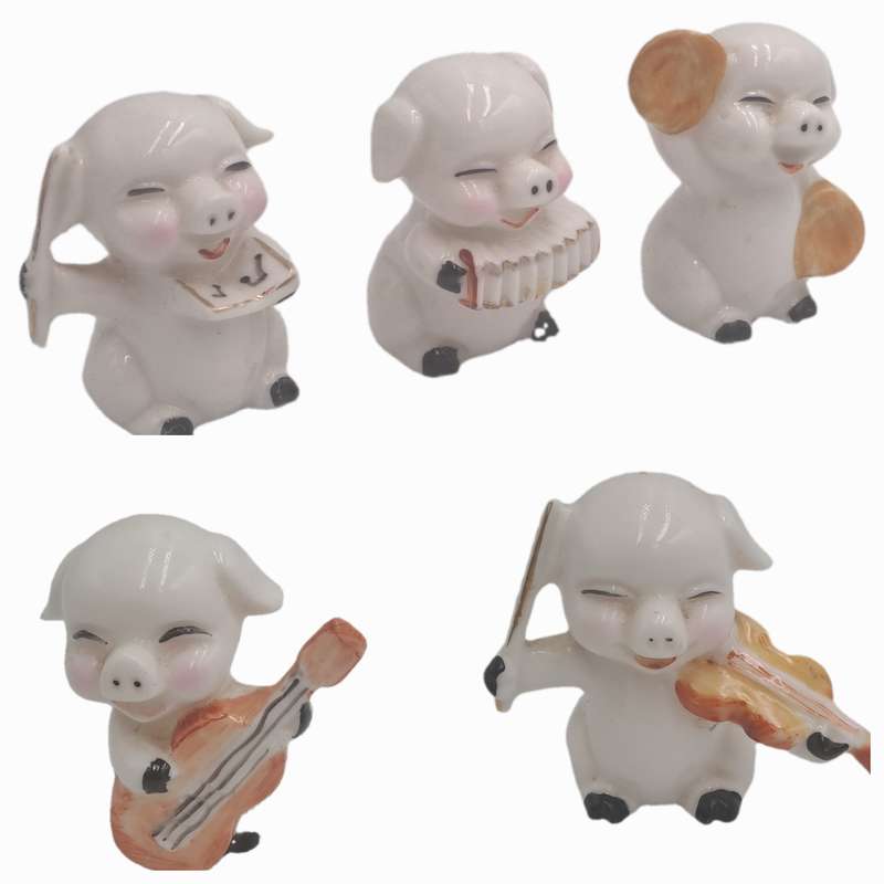 5 Vintage Japanese Elweco Pig Musician Figurines 7cm tall