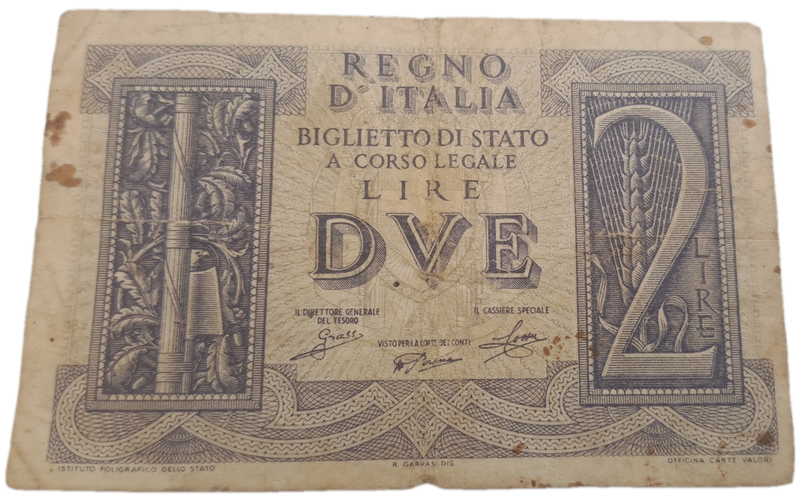 1939 Italy  2 Lire Bank Note -Circulated