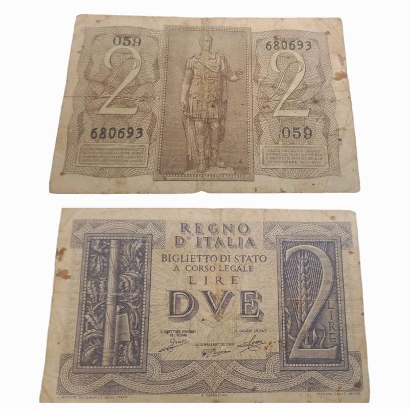 1939 Italy  2 Lire Bank Note -Circulated