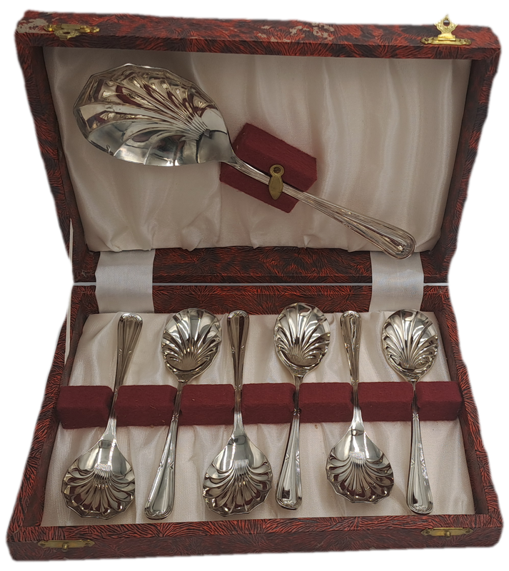 7pc Antique "Sipelia"Rustless Silver Plated Desert Spoon set - Sheffield England-Boxed