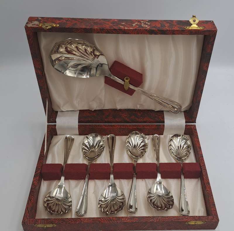 7pc Antique "Sipelia"Rustless Silver Plated Desert Spoon set - Sheffield England-Boxed