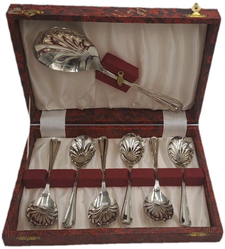 7pc Antique "Sipelia"Rustless Silver Plated Desert Spoon set - Sheffield England-Boxed