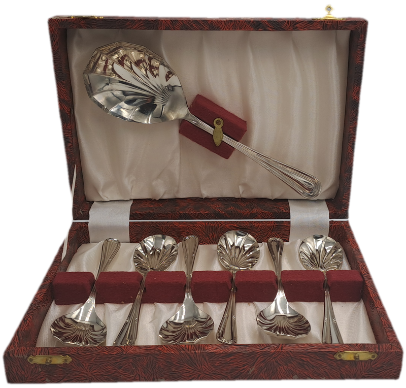 7pc Antique "Sipelia"Rustless Silver Plated Desert Spoon set - Sheffield England-Boxed