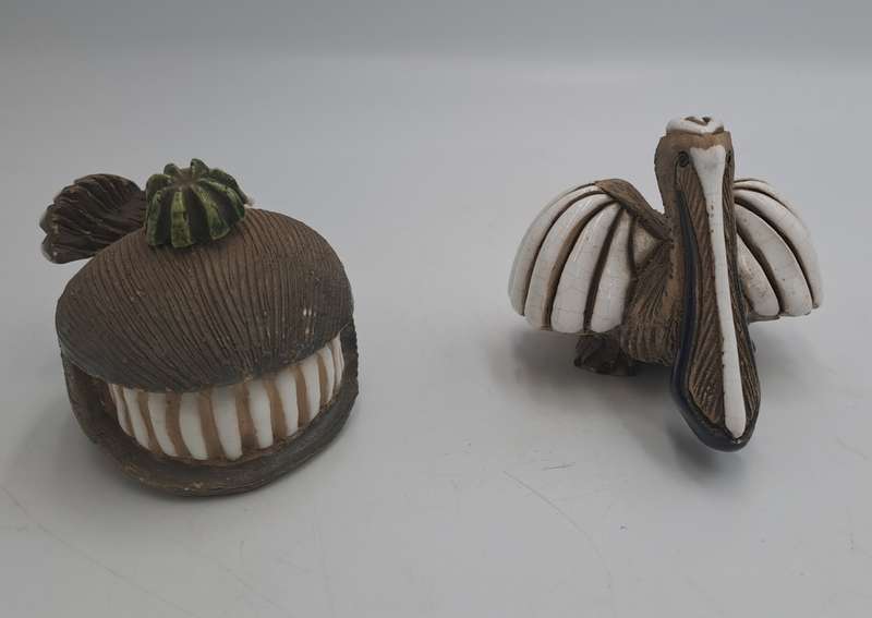 2 Vintage Artesania Rinconada Collectable Smiling Whale and Pelican Ceramic Figurines -Uruguay