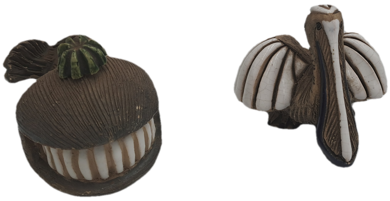 2 Vintage Artesania Rinconada Collectable Smiling Whale and Pelican Ceramic Figurines -Uruguay
