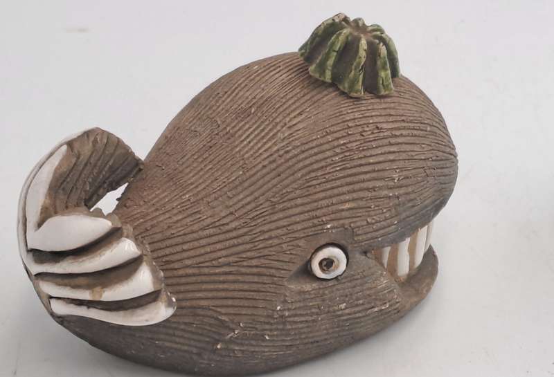 2 Vintage Artesania Rinconada Collectable Smiling Whale and Pelican Ceramic Figurines -Uruguay