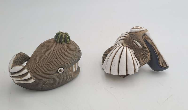2 Vintage Artesania Rinconada Collectable Smiling Whale and Pelican Ceramic Figurines -Uruguay