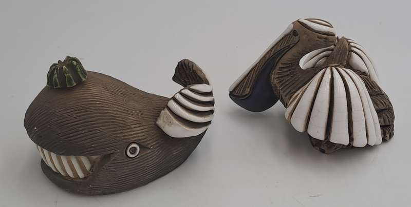 2 Vintage Artesania Rinconada Collectable Smiling Whale and Pelican Ceramic Figurines -Uruguay