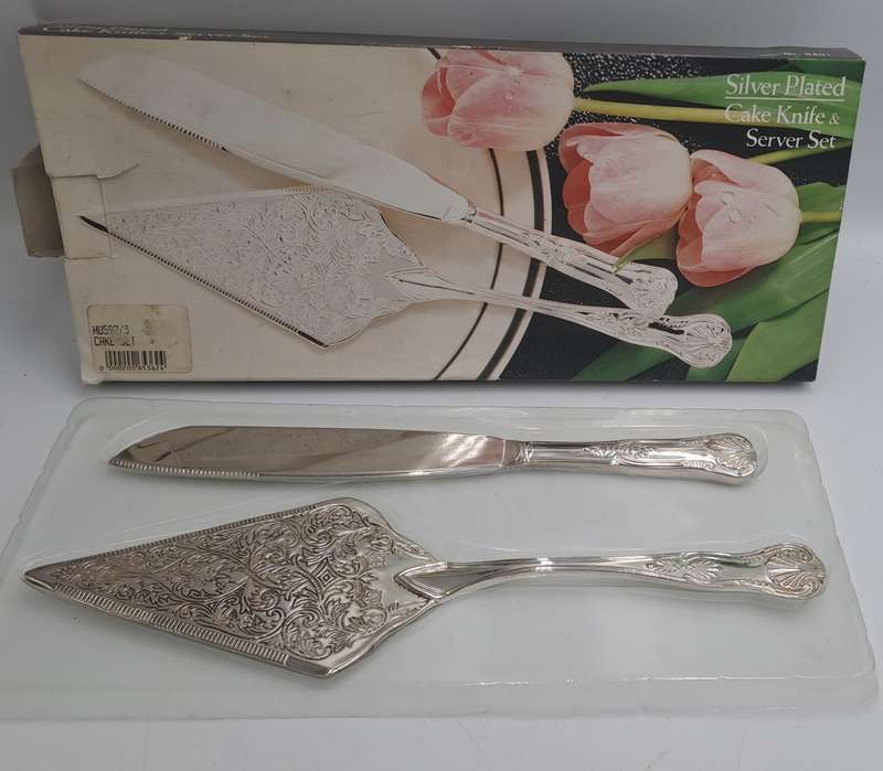 Silver Plated Cake Knife and Server set -Kings Pattern- Boxed