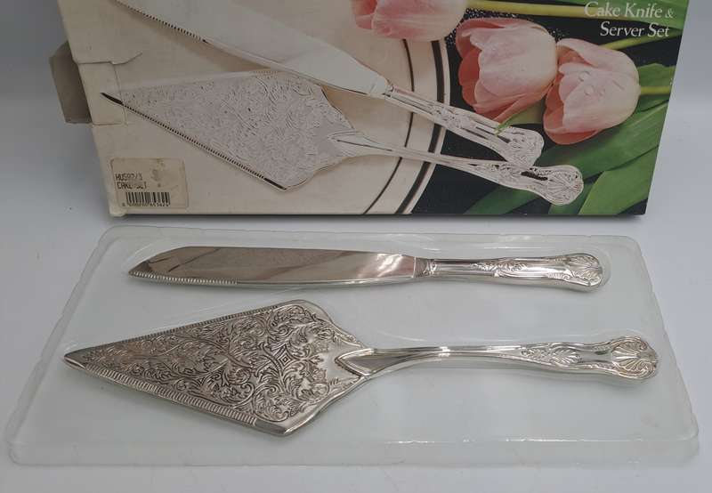 Silver Plated Cake Knife and Server set -Kings Pattern- Boxed