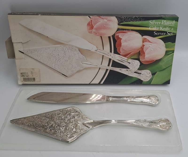 Silver Plated Cake Knife and Server set -Kings Pattern- Boxed