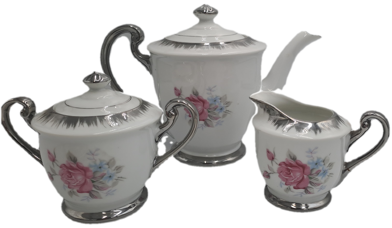 Beautiful 24pc Porcelain Floral Rose Pattern Teaset-Teapot,Cakeplate,Ceamer,Sugar bowl -6 Trio's