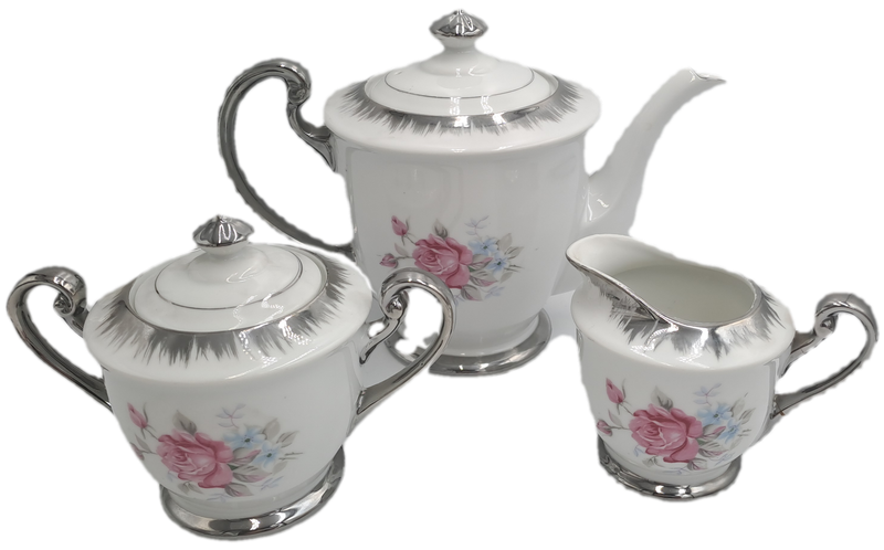 Beautiful 24pc Porcelain Floral Rose Pattern Teaset-Teapot,Cakeplate,Ceamer,Sugar bowl -6 Trio's