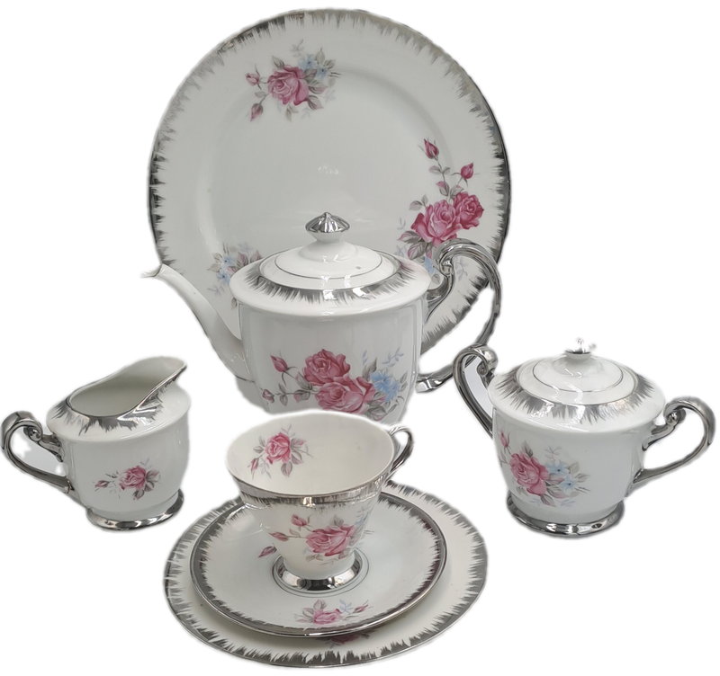 Beautiful 24pc Porcelain Floral Rose Pattern Teaset-Teapot,Cakeplate,Ceamer,Sugar bowl -6 Trio's
