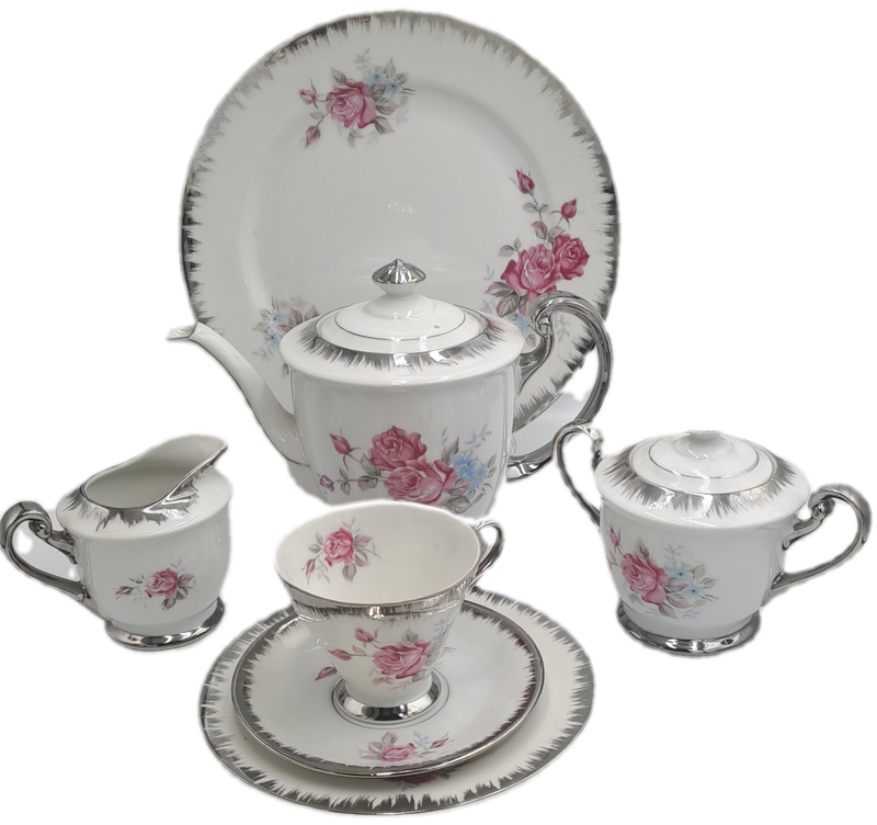 Beautiful 24pc Porcelain Floral Rose Pattern Teaset-Teapot,Cakeplate,Ceamer,Sugar bowl -6 Trio's