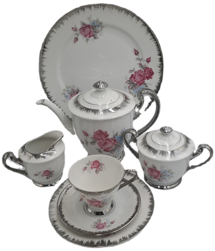 Beautiful 24pc Porcelain Floral Rose Pattern Teaset-Teapot,Cakeplate,Ceamer,Sugar bowl -6 Trio's