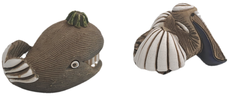 2 Vintage Artesania Rinconada Collectable Smiling Whale and Pelican Ceramic Figurines -Uruguay