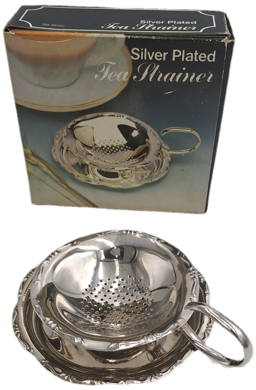 Silver Plated Tea Strainer with tray -Boxed -11cm tall