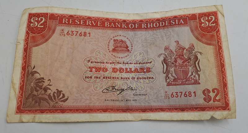 Rhodesia 1979 2 Dollars Circulated - Bird Watermark