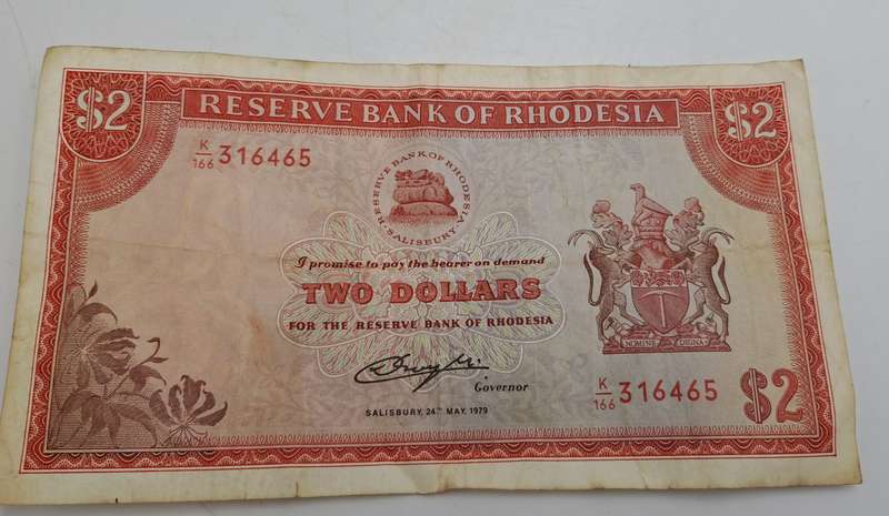 Rhodesia 1979 2 Dollars Circulated - Bird Watermark