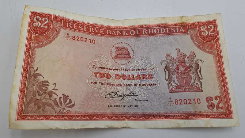 Rhodesia 1979 2 Dollars Circulated - Bird Watermark