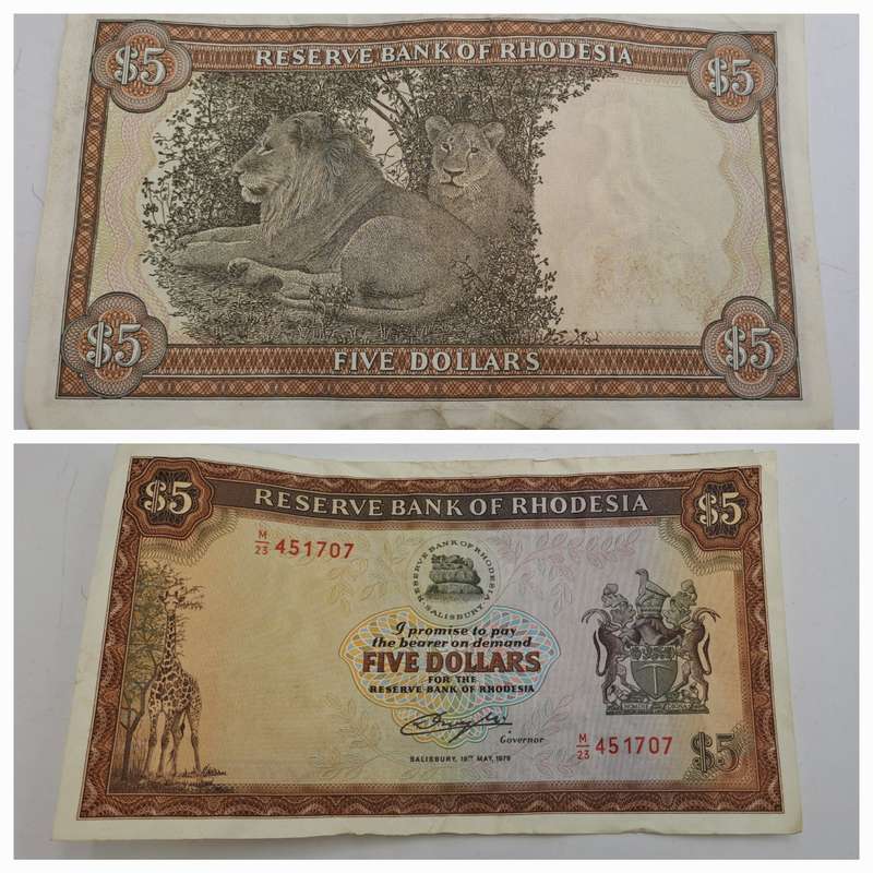 Rhodesia 1979 5 Dollars Circulated - Bird Watermark